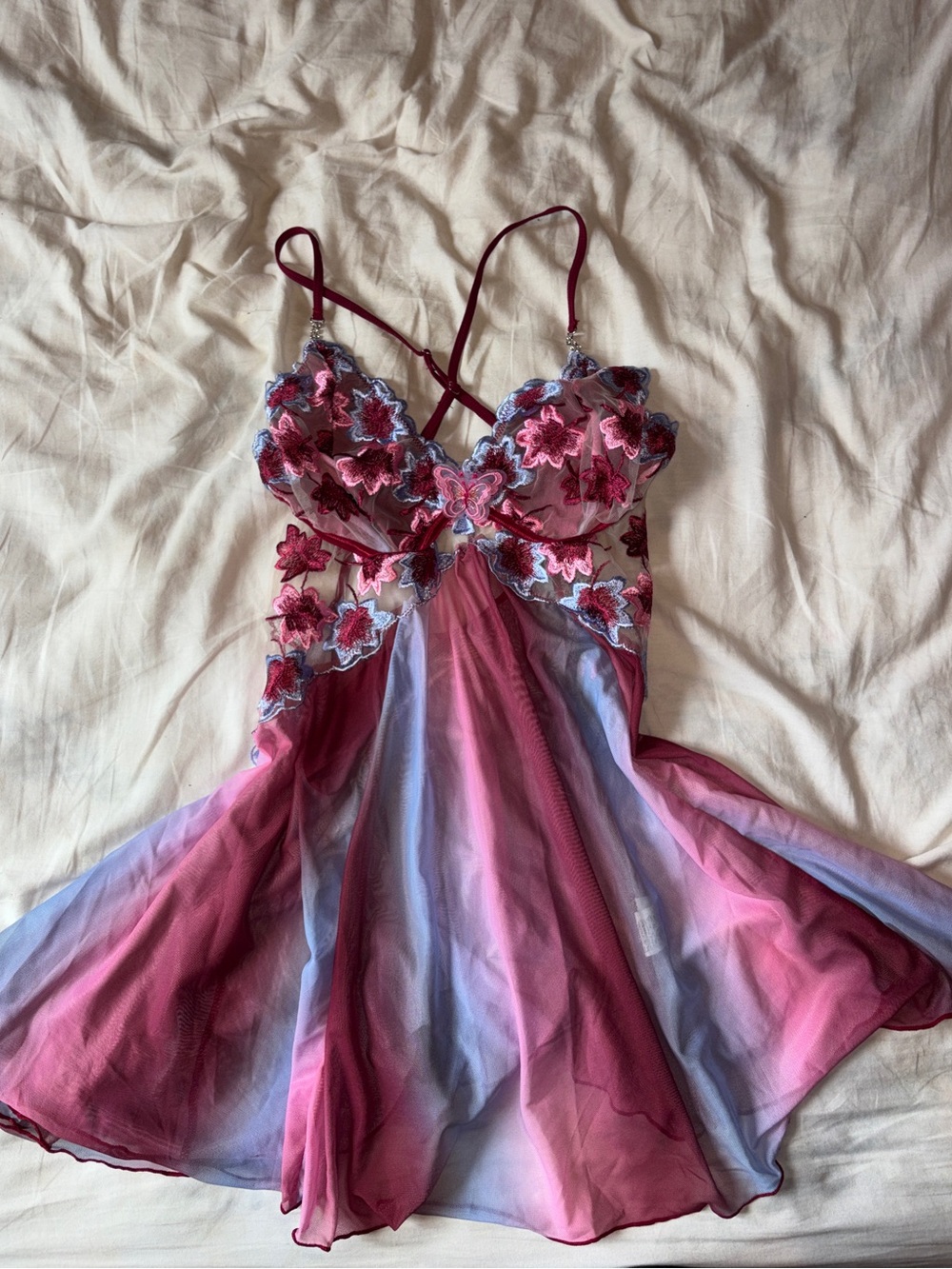 Floral Embroidered Sheer Nightdress in Pink and Lavender y2k